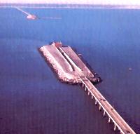 Chesapeake bay bridge tunnel overhead.view of man-made island at tunnel entrance.